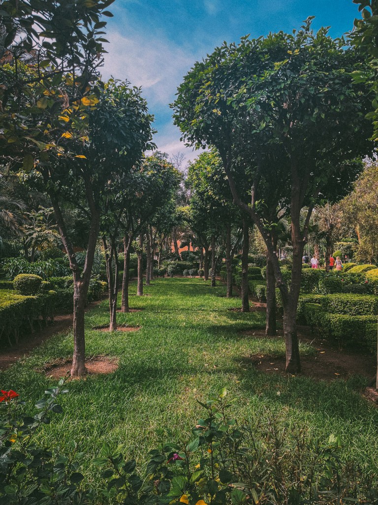 A serene garden pathway lined with neatly trimmed trees and green grass, with visitors in the background enjoying the tranquil surroundings at the Cyber Park Arsat Moulay Abdesalam.