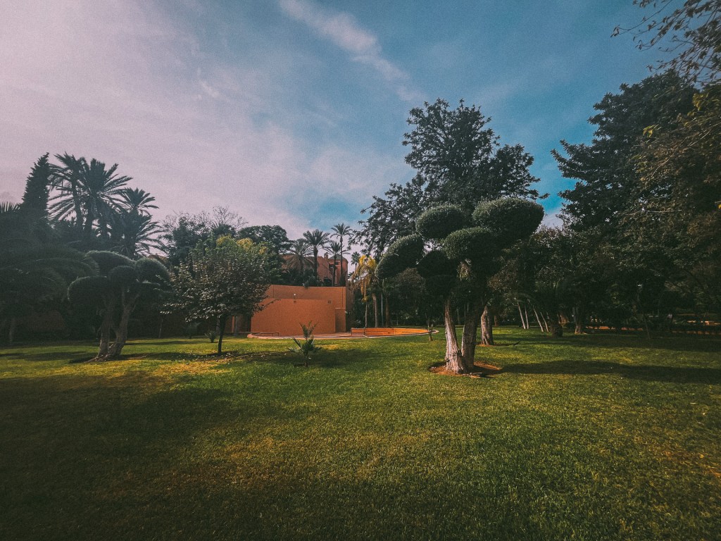 A vibrant park scene at the Cyber Park Arsat Moulay Abdesalam in Marrakesh featuring neatly trimmed trees and lush green grass under a clear blue sky.
