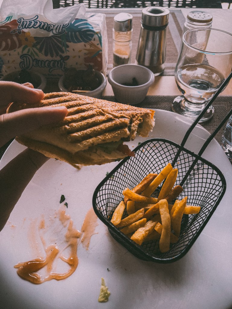 A hand holding a panini with fries in a small basket on a plate, with sauces and seasonings visible in the background.